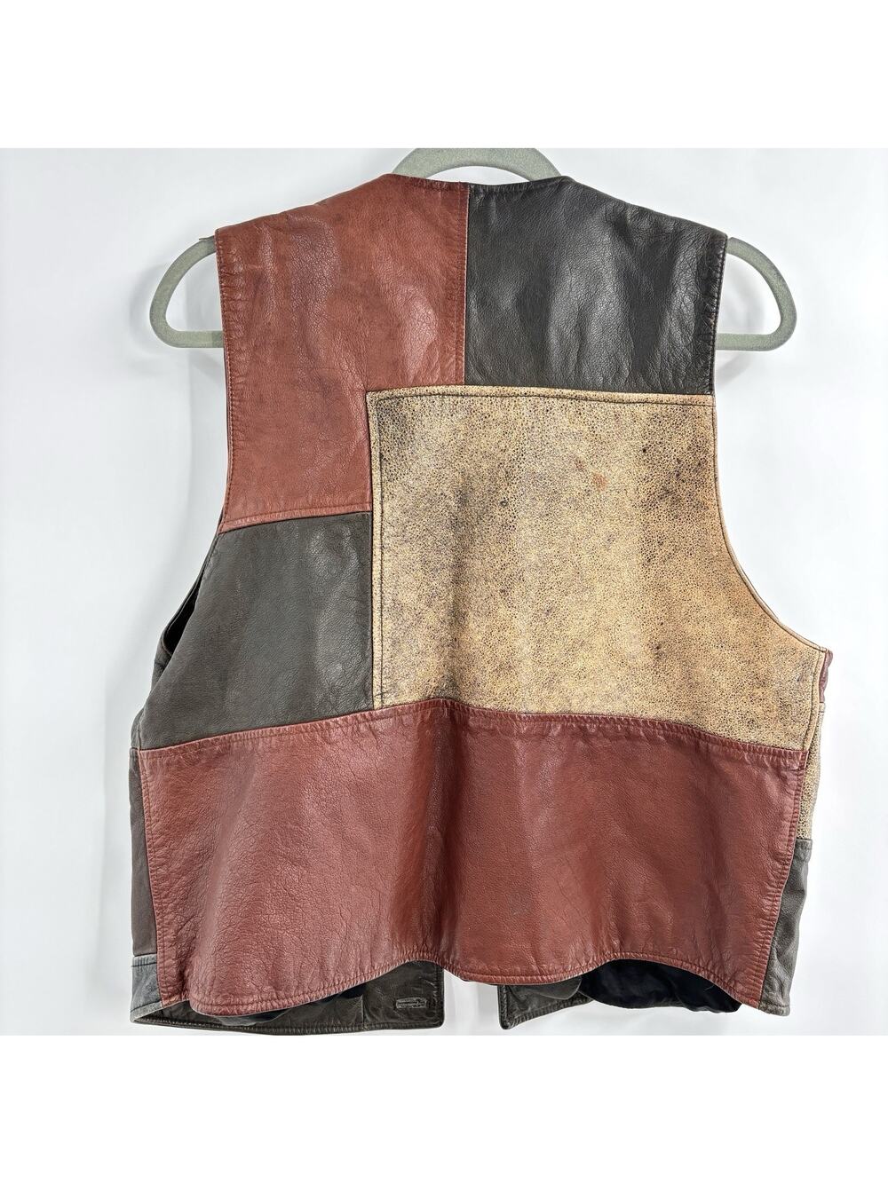 Vintage Patchwork Leather Vest XL Brown Hippie Color Block Festival